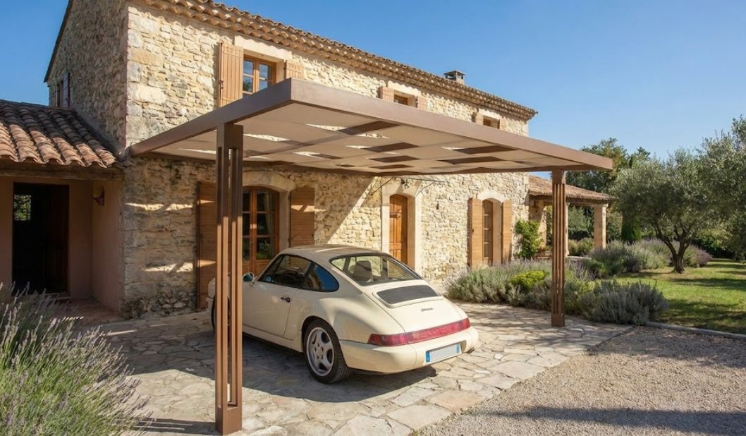 Carport aluminium bronze sur mas provençal à Opio